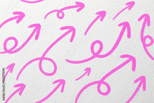 Many pink arrows on white textured background. Pointer