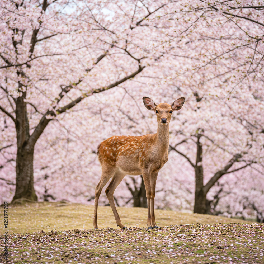 A young deer, light brown with speckled markings, stands on a grassy knoll A young deer, light brown with speckled markings, stands on a grassy knoll