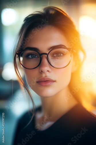 Self-confident female business woman, looking at the camera, posing in a modern Office space. Professional Portrait for Recruiting, Manager and Management, Lawyer or Consultant concepts photo