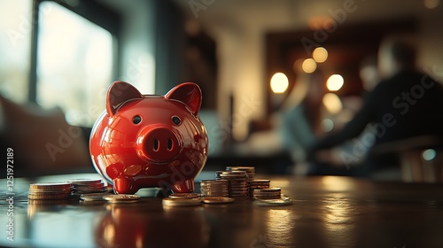 Happy Family Sitting at Table with Red Piggy Bank and Coins – Personal Finance at Home photo