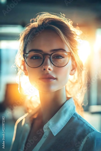 Self-confident female business woman, looking at the camera, posing in a modern Office space. Professional Portrait for Recruiting, Manager and Management, Lawyer or Consultant concepts photo