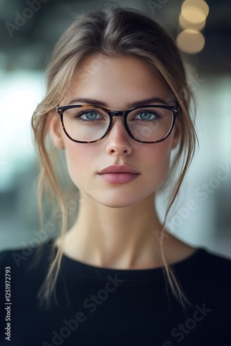 Self-confident female business woman, looking at the camera, posing in a modern Office space. Professional Portrait for Recruiting, Manager and Management, Lawyer or Consultant concepts photo