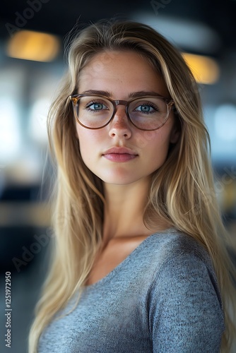 Self-confident female business woman, looking at the camera, posing in a modern Office space. Professional Portrait for Recruiting, Manager and Management, Lawyer or Consultant concepts photo