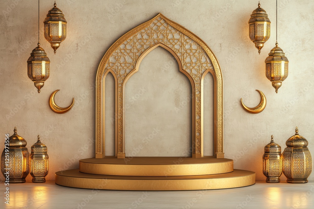 Elegant Golden Islamic Archway with Lanterns and Crescent Moons Festive Ramadan Background Elegant Golden Islamic Archway with Lanterns and Crescent Moons Festive Ramadan Background