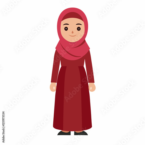 Cartoon muslim women in traditional red clothing. Isolated on white background. Front view. Vector illustration. 