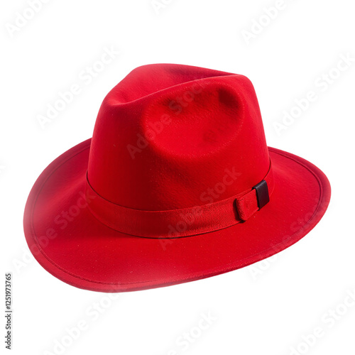 Close-up product shot of a stylish red fedora hat against a cut out background.
