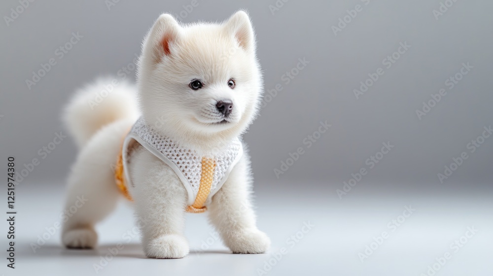 Adorable fluffy white puppy in mesh vest, standing Adorable fluffy white puppy in mesh vest, standing