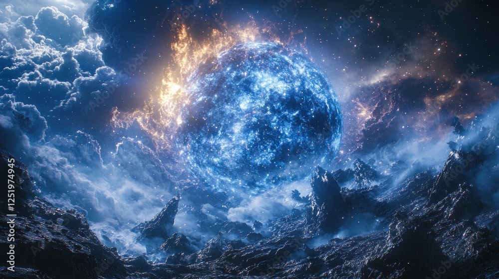 Fototapeta premium Fiery cosmic sphere over alien landscape, fantasy artwork