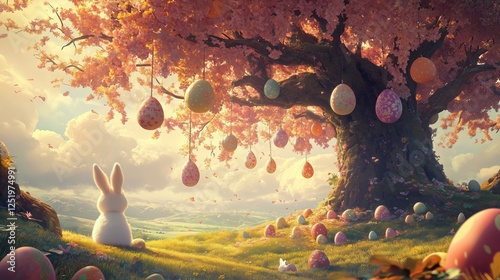 Colorful Easter celebration with a large tree adorned with eggs and bunnies