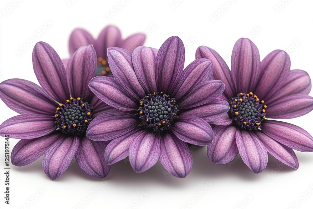 Three purple flowers arranged closely together on a white background. Three purple flowers arranged closely together on a white background.