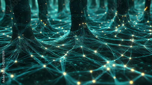 Forest of interconnected trees communicating through underground fiber optics. Sentient Landscapes. Illustration