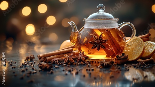 Warm Spiced Tea with Cinnamon and Orange Slices in a Glass Teapot
