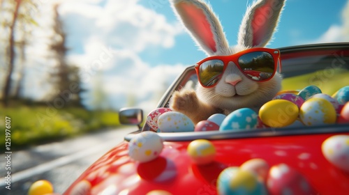 Easter bunny drives a colorful car filled with eggs under a sunny blue sky
