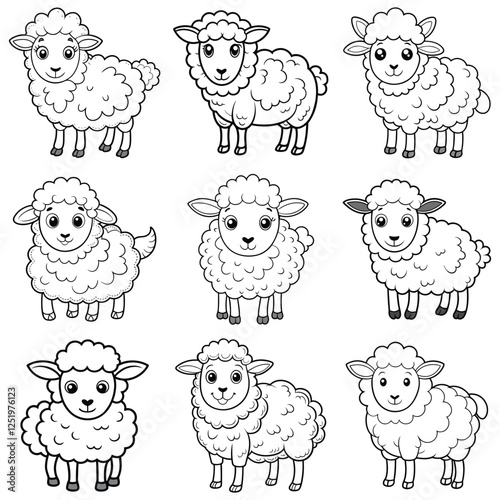 "Set of Nine Black and White Sheep Illustrations, Fluffy Lambs with Wool, Cartoon Farm Animals, Cute Lamb Art"

