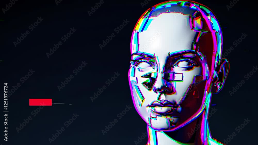 Futuristic cybernetic female face with a glitch effect, symbolizing artificial intelligence, digital identity and cyber technology Futuristic cybernetic female face with a glitch effect, symbolizing artificial intelligence, digital identity and cyber technology