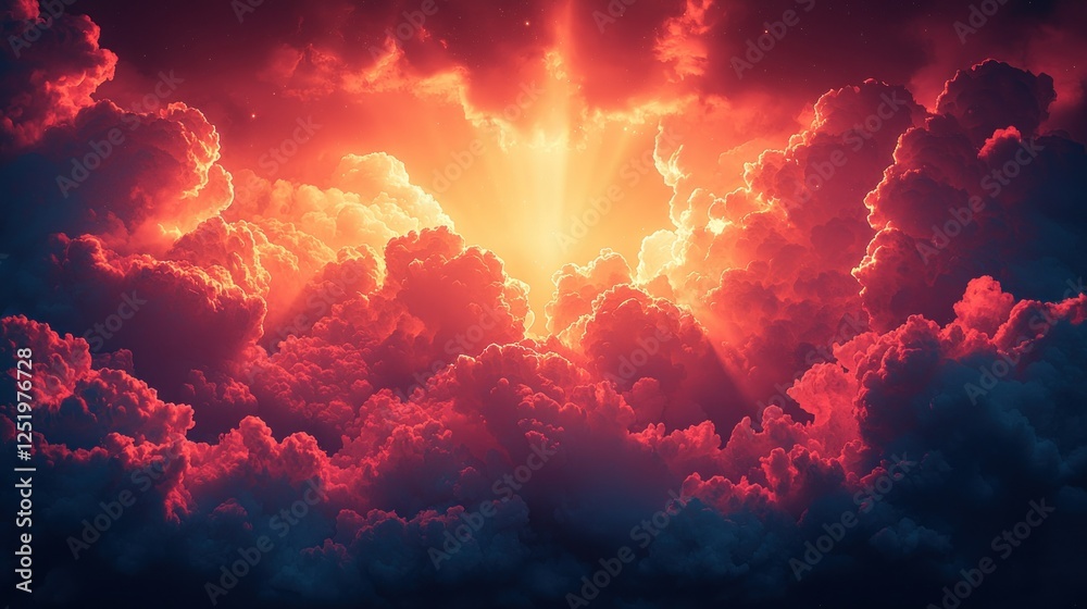 Naklejka premium Fiery light beam bursts through dark cloudscape