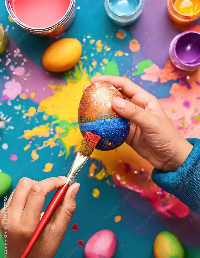 Two small hands are engaged in decorating an Easter egg with vibrant colors, showcasing creativity and joy during a cheerful holiday preparation Two small hands are engaged in decorating an Easter egg with vibrant colors, showcasing creativity and joy during a cheerful holiday preparation