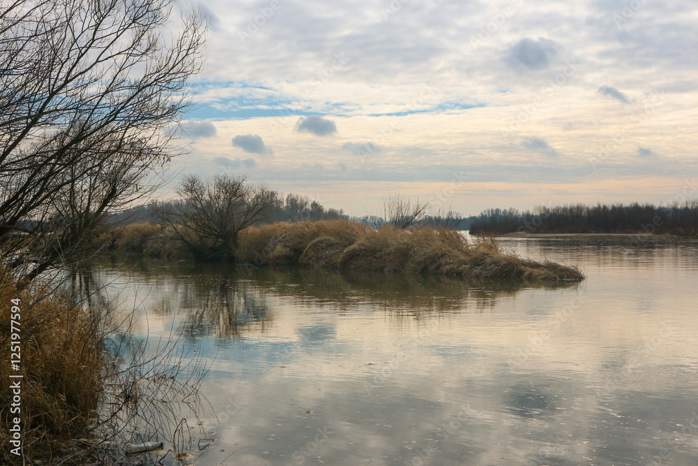 Landscape of the middle Vistula River in Kępa Polska in Poland in early spring. Landscape of the middle Vistula River in Kępa Polska in Poland in early spring.