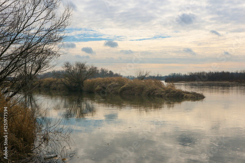 Landscape of the middle Vistula River in Kępa Polska in Poland in early spring.