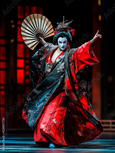 Masked dancer in traditional Kabuki attire performing with folding fan on dramatic red and black stage