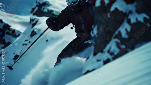 Professional skier skiing downhill on snowy mountain