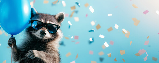 Funny cute raccoon wearing sunglasses holding happy birthday balloons and confetti explosion flying around greeting card on blue background with copy space.