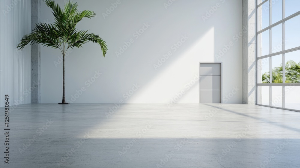 Empty modern interior with palm tree and large window. Sunlight streaming in. Possible use for design inspiration Empty modern interior with palm tree and large window. Sunlight streaming in. Possible use for design inspiration