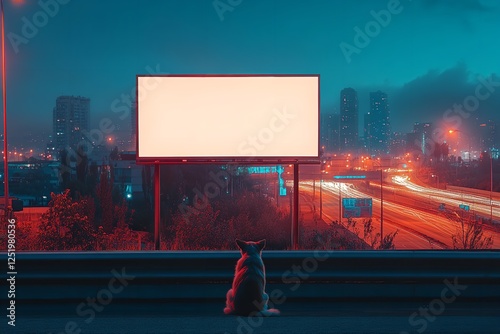 White Blank Billboard on Highway with City Background at Night – Advertising Mock-Up photo