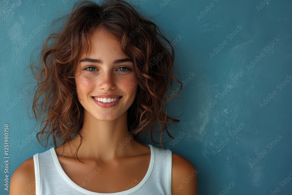 A smiling woman with curly hair against a blue wall. A smiling woman with curly hair against a blue wall.
