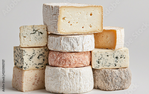 Assorted Artisan Cheese Stacked and Arranged, Showcasing a Variety of Textures and Colors in a Gourmet Food Presentation