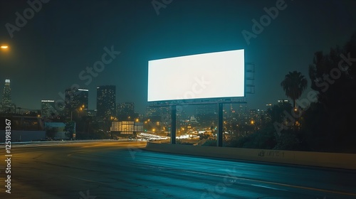 White Blank Billboard on Highway with City Background at Night – Advertising Mock-Up photo