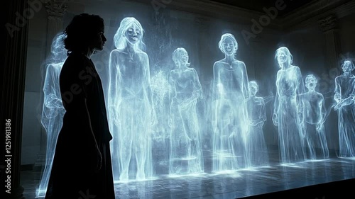 Portrait of a young man surrounded by spectres of people laughing at him. Conceptual image of bullying