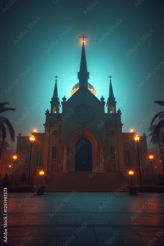 Fototapeta premium Charming White Church Surrounded by Palm Trees