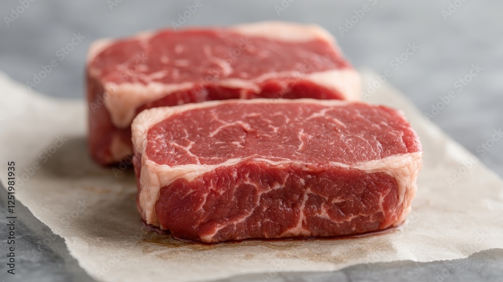 Raw beef steaks on parchment paper, kitchen counter background, food photography, recipe Raw beef steaks on parchment paper, kitchen counter background, food photography, recipe