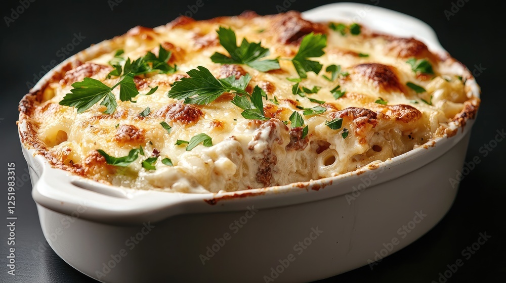 Creamy pasta bake in white dish on dark background Creamy pasta bake in white dish on dark background