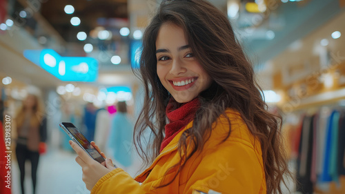a joyful Hispanic woman shopping in a spacious, modern store. She’s smiling while browsing discount offers on her smartphone, surrounded by racks of clothes, reflecting excitement and satisfaction.. photo