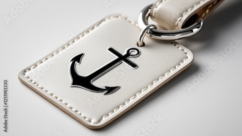 White leather keychain with black anchor design photo