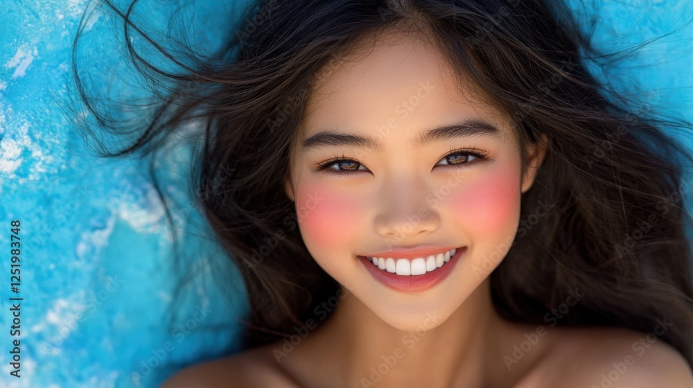 A young woman with long dark hair smiles brightly against a vibrant blue backdrop. Her rosy cheeks add to her radiant beauty. A young woman with long dark hair smiles brightly against a vibrant blue backdrop. Her rosy cheeks add to her radiant beauty.