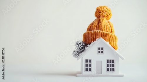 Small White House Wrapped in Knitted Scarf & Hat – Energy-Efficient Home Concept photo