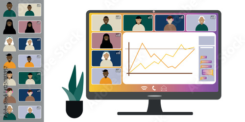 Video call conference, working from home. Colleagues of different nationalities and ages talk to each other on computer screen. Isolated illustration on white background in flat style trendy colors