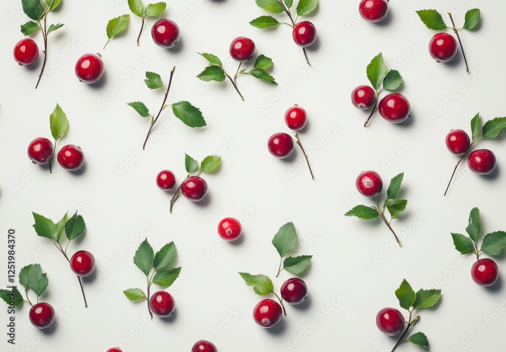 Red Berries and Green Leaves Pattern on White Background Red Berries and Green Leaves Pattern on White Background