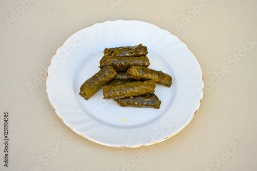 Delicious dolma (sarma) stuffed grape leaves rice, white yogurt sauce. Lebanese dolma sarma on plate. Lebanon turkish greek middle eastern cuisine. (Turkish name; yogurtlu yaprak sarma) photo