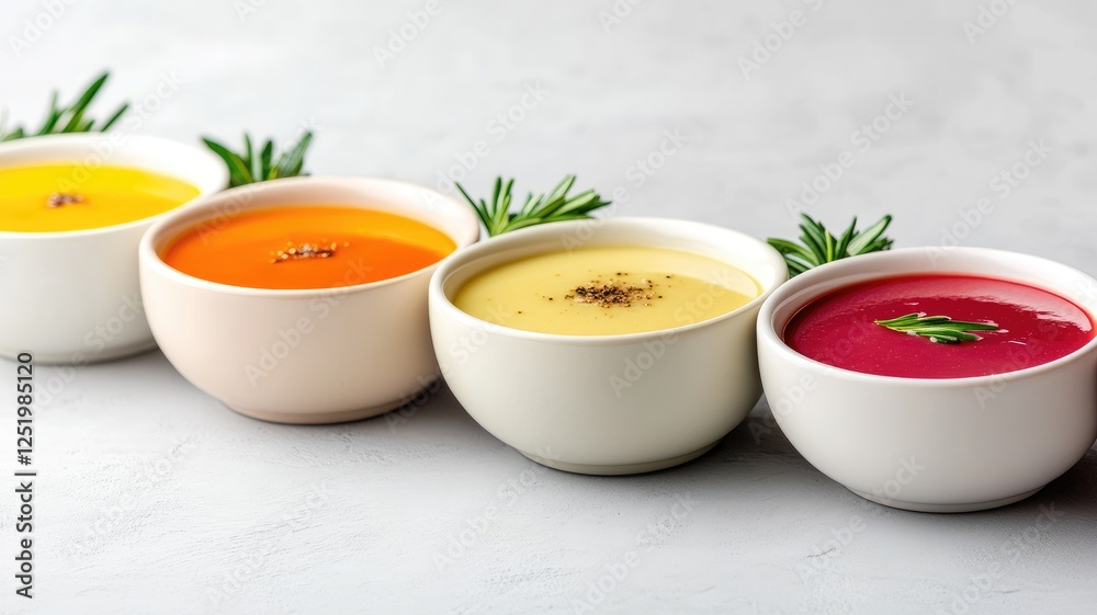 Four colorful bowls of soup, garnished with herbs, on light background Four colorful bowls of soup, garnished with herbs, on light background