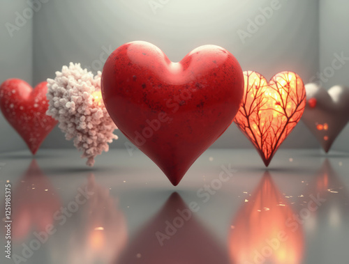 A Red Heart Standing in Front of an Infinite Mirror with Each Reflection Showing Different Shades