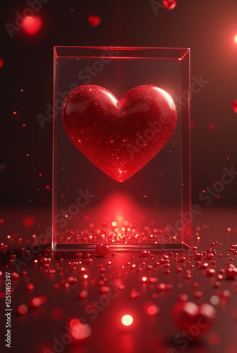 A Red Heart Suspended in a Glass Infinity Mirror, Reflecting an Endless Tunnel of Smaller and Fading Hearts