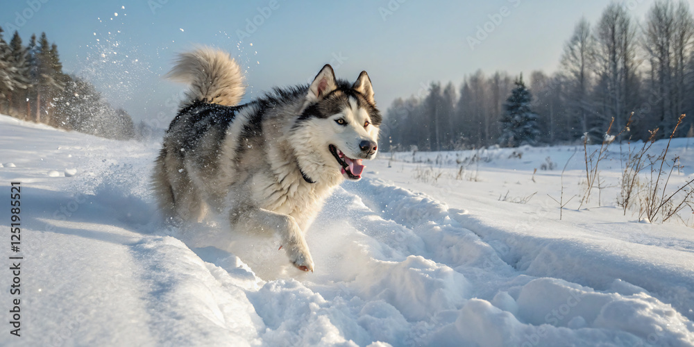 A fluffy Siberian Husky running through deep snow, its fur dusted with frost A fluffy Siberian Husky running through deep snow, its fur dusted with frost