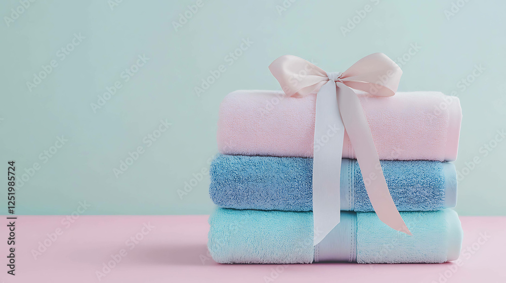 A stack of luxury bath towels tied with a ribbon on a pastel background A stack of luxury bath towels tied with a ribbon on a pastel background