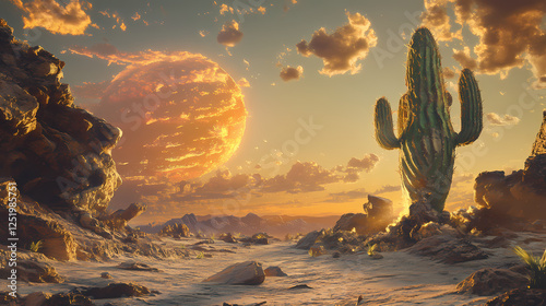 A desert landscape with a giant sentient cactus. Sentient Landscapes. Illustration