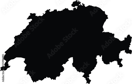 Editable vector silhouette map of Switzerland, displaying the country's distinct irregular borders characteristic of its mountainous terrain.