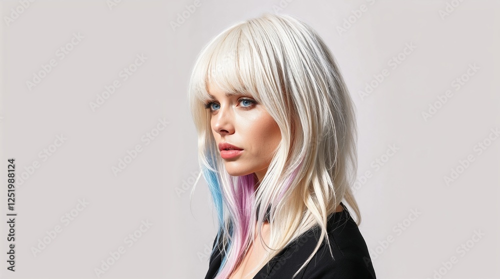 Platinum blonde woman with pastel pink and blue streaks in sleek layered haircut, modern fashion and beauty portrait Platinum blonde woman with pastel pink and blue streaks in sleek layered haircut, modern fashion and beauty portrait